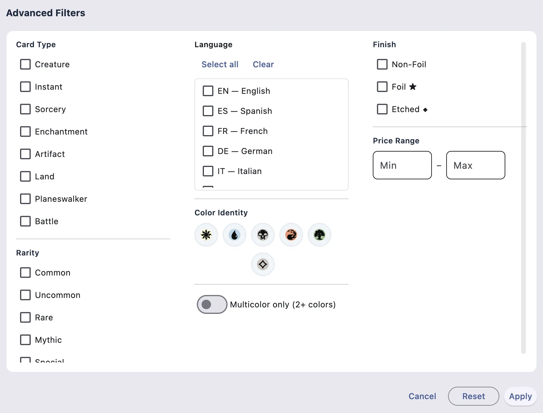 Advanced Filters modal open showing colour identity, card type, rarity, language, finish, and price range options
