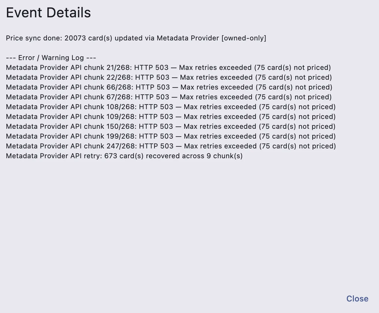 Error detail dialog showing chunk error log with HTTP codes and card counts