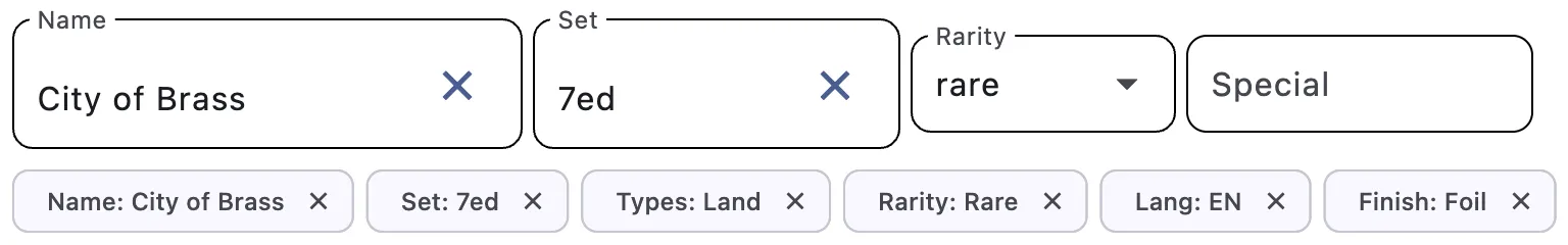 Filter pill bar below toolbar showing removable pills for Name, Set, Rarity, and other active filters