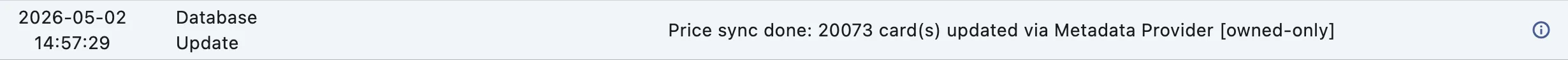History tab showing database_update event with message and ⓘ info icon