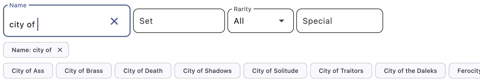 Name search field with autocomplete chips showing prefix and substring matches