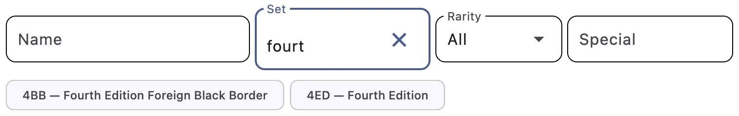 Set search field with ranked suggestions showing code matches, then name matches
